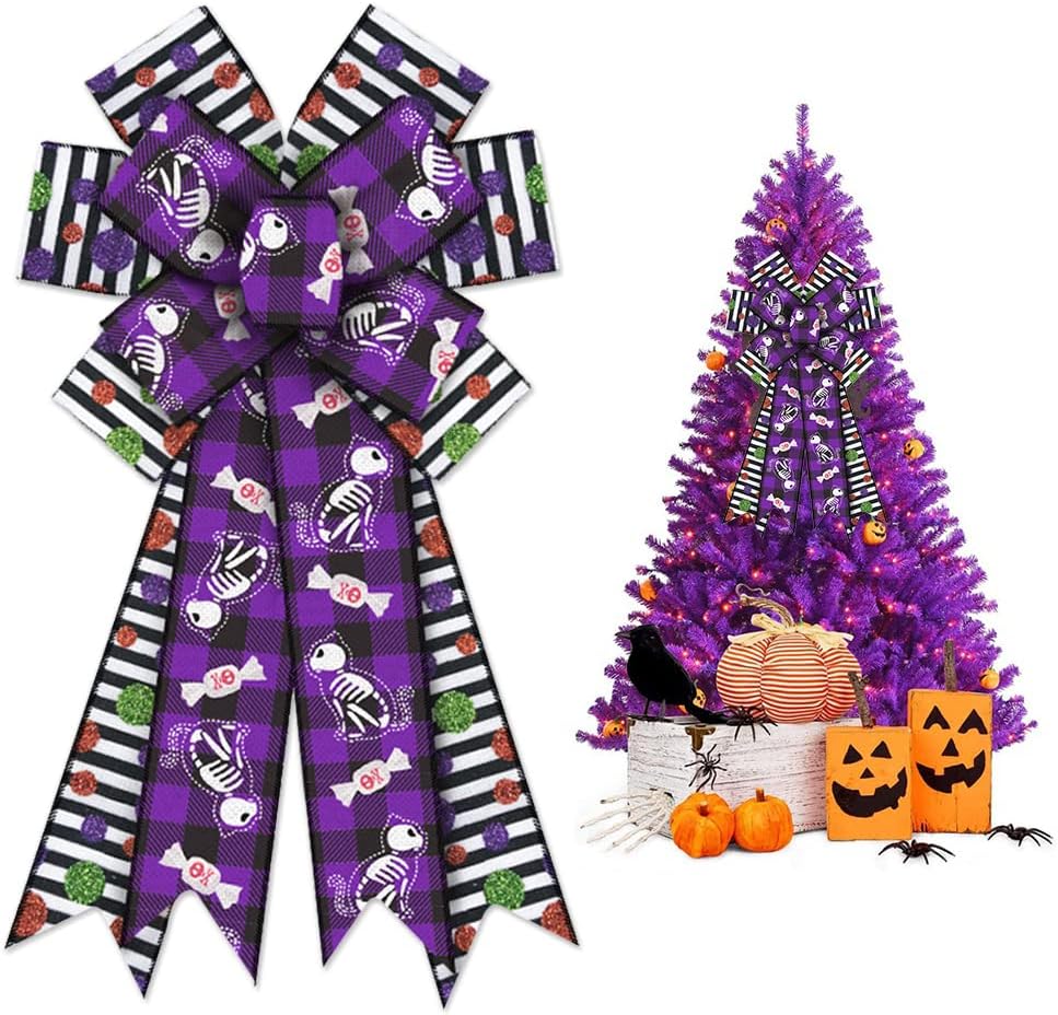 Bows & Ribbons - Large Halloween Wreath Bows, Black White Stripe Buffalo Bows for Wreath Glitter Dot Purple Plaid Bows for Front Door Candy Skull Cat Tree Topper Bows for Halloween Party Home Indoor Outdoor Decor
