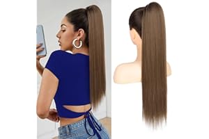 FLUFYMOOZ ponytail extension, 26 Inch Long Straight Drawstring Ponytail Synthetic Hairpieces Fake Pony Tails Natural Soft Clip in Hair Extension ponytail for Women (Medium Brown with Medium Auburn)