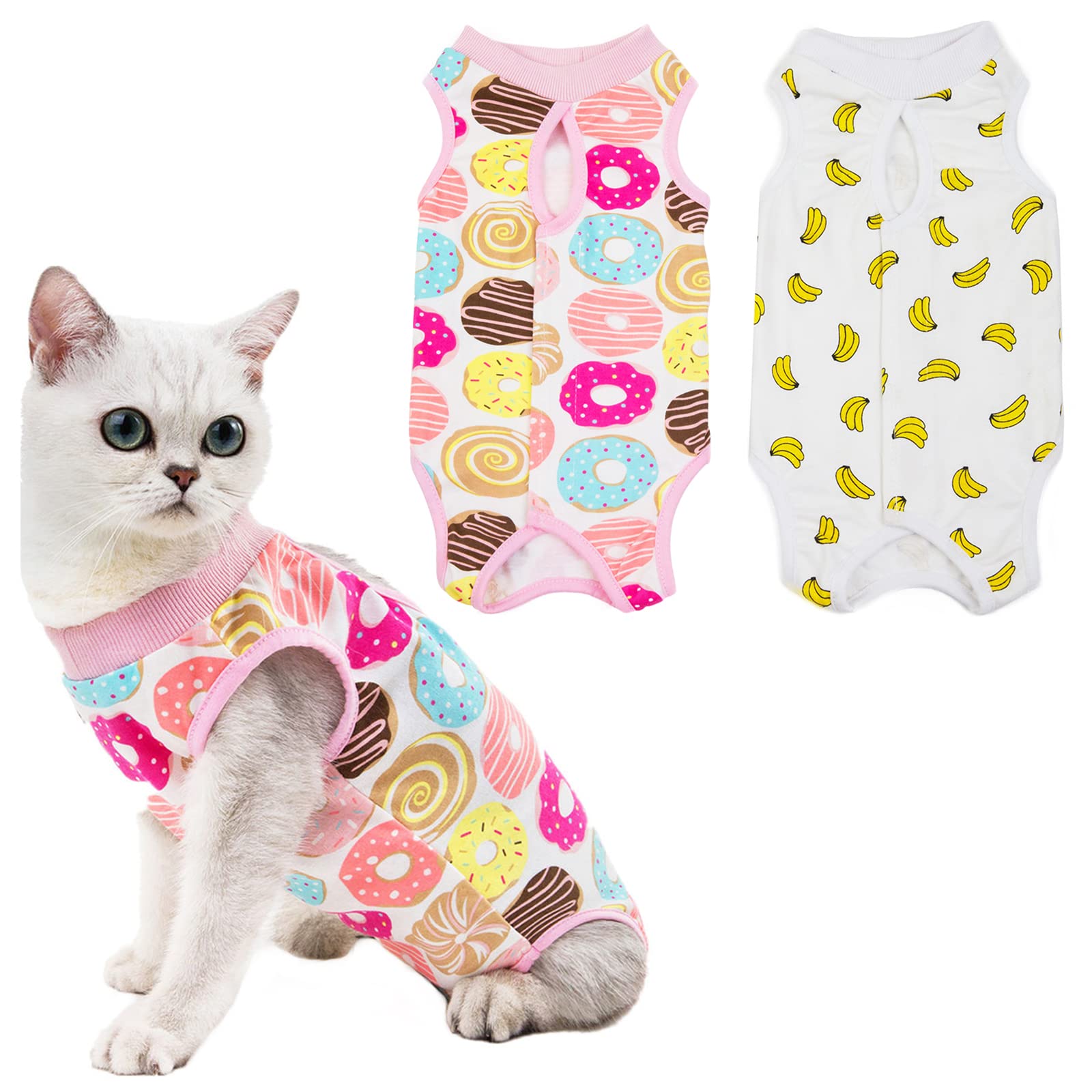 HACRAHO Cat Recovery Suit, 2 PCS Cat Surgical Recovery Suit Pet Cone E-Collar Alternative for Small Medium Pets, Banana and Donut, L
