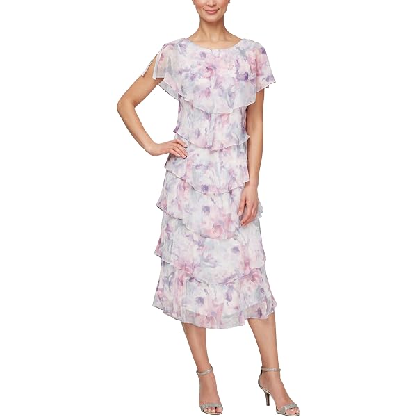 Amazon.com: S.L. Fashions Women's Short Sleeve Floral Tiered Chiffon Dress  (Missy and Petite), Black Red Fuchsia, 8 : Clothing, Shoes & Jewelry