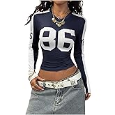 Floerns Women's Y2k V Neck Number Graphic Tees Long Sleeve Slim Fit Jersey Crop Streetwear Going Out Tops