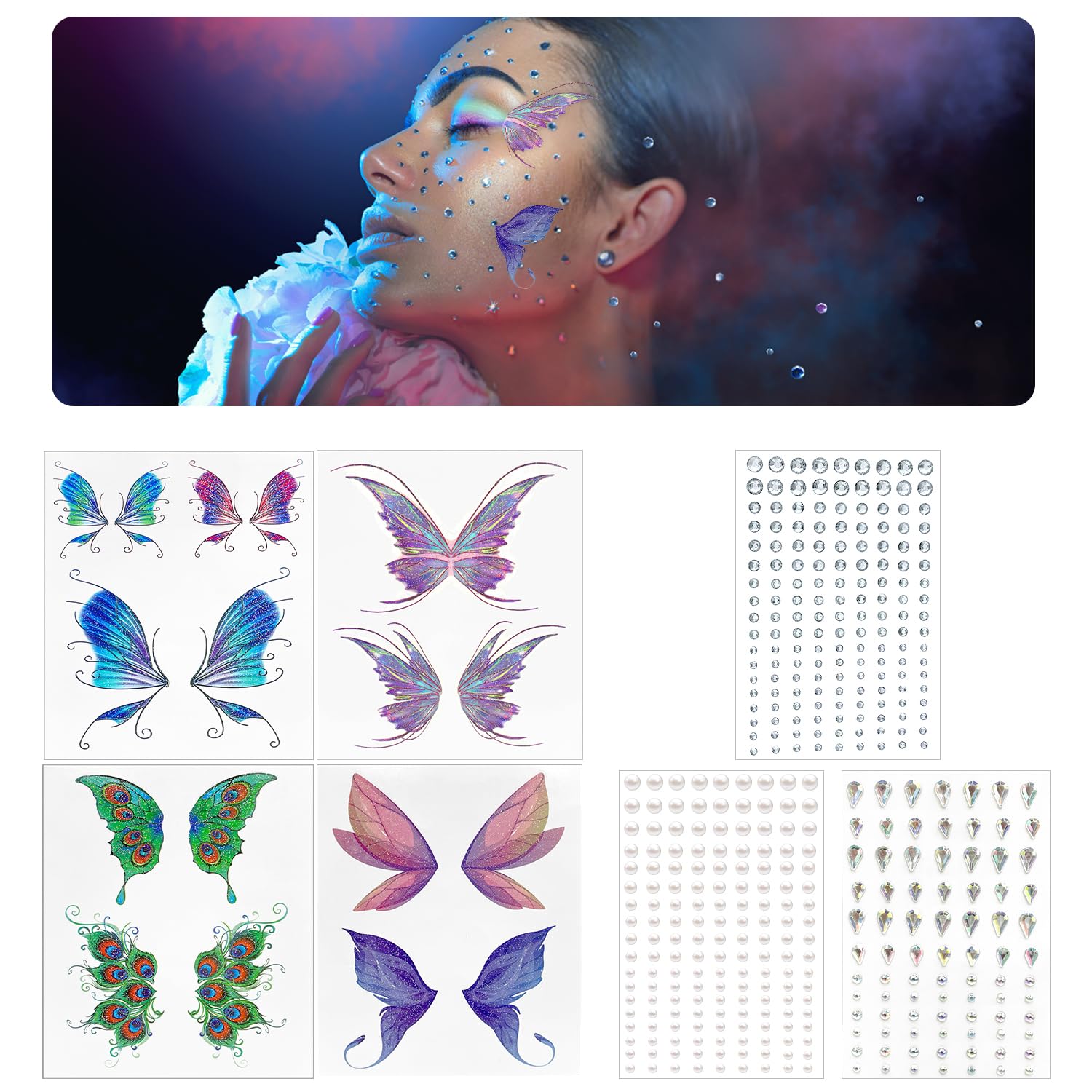 Face Gems for Festivals, Stick On Face Jewels Butterfly Tattoos Face Stickers Festival Makeup Rhinestones Facial Sparkle Accessories for Makeup Face Glitter Jewelry