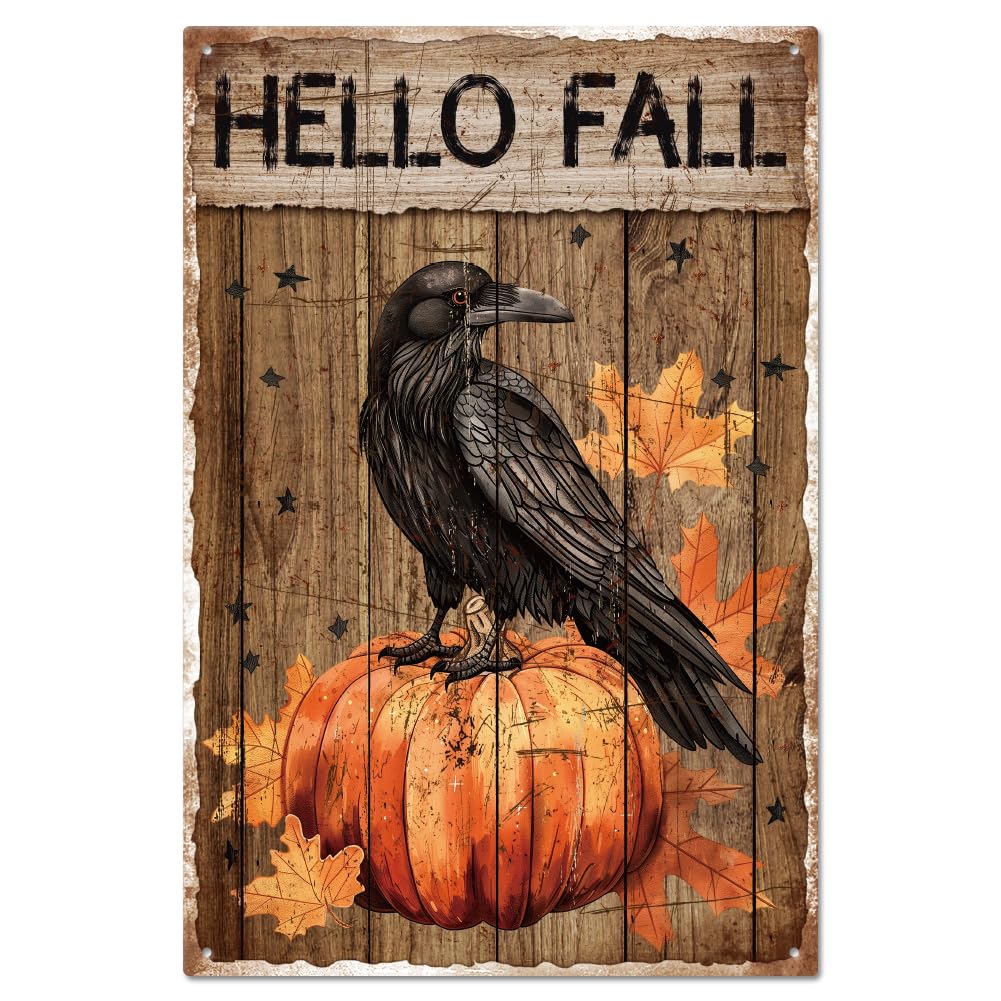 GLOBLELAND Vintage Hello Fall Metal Tin Sign 8×12inch Retro Pumpkin Crow Tin Room Door Sign Tin Painting Art Plaque Poster Wall Decor for Home Living Room Garden Decoration