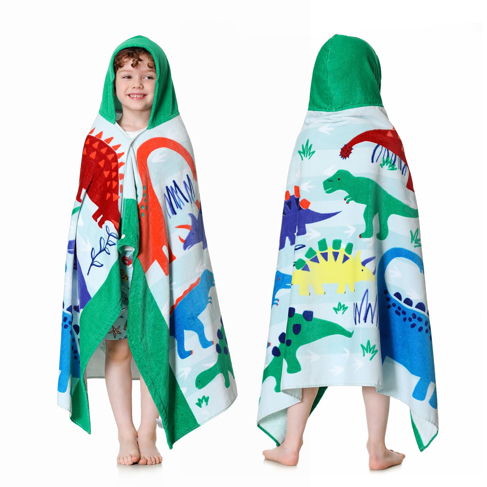 MOKANI Kids Hooded Beach Bath Towels | Soft Thick Super Absorbent Cotton | 50" x 30" Beach Bath Swimming Towels for Girls Boys Ages 3-12, Green Dinosaur