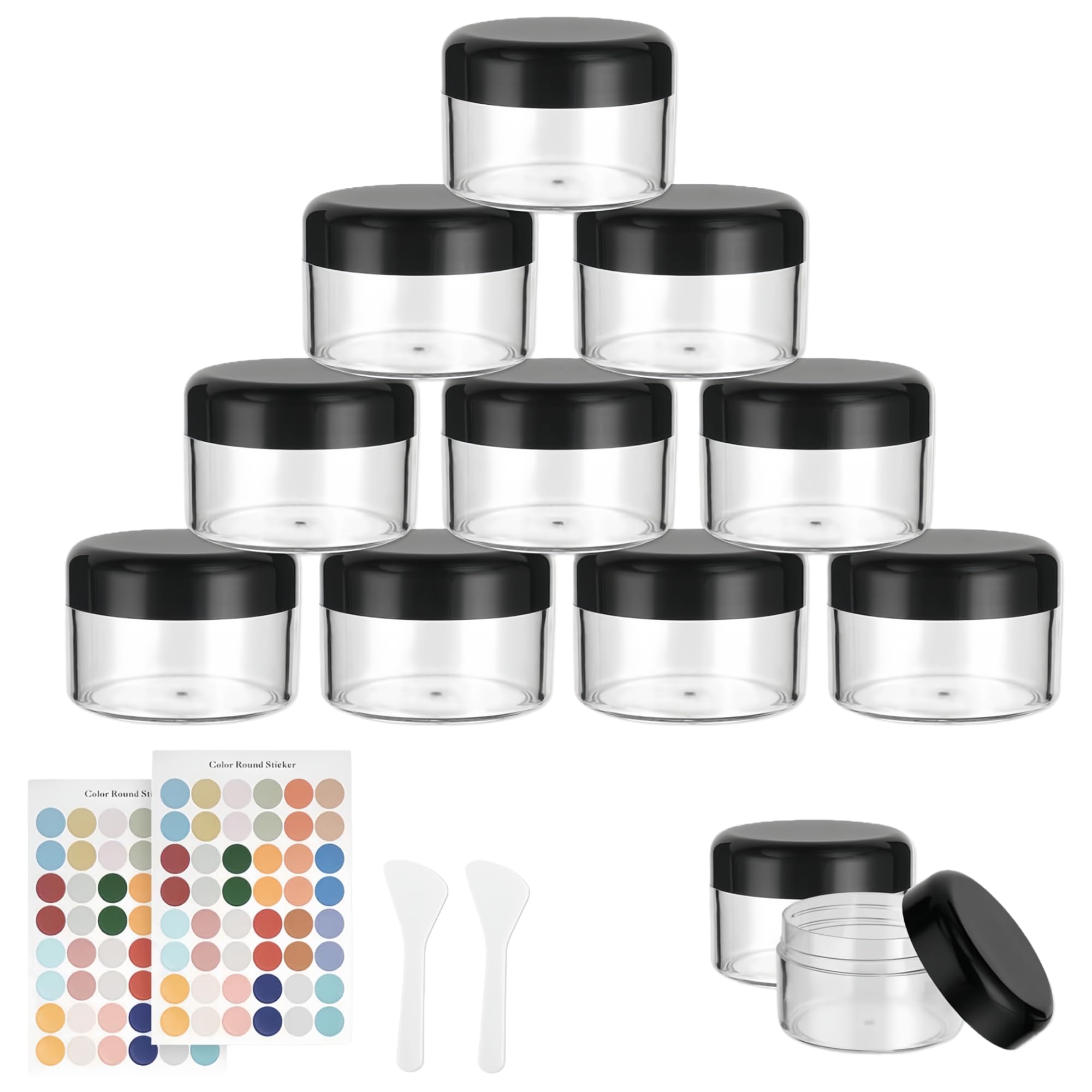 Flintronic Plastic Cosmetic Jar 12 * 50ml, Transparent & Visible Sample Container Jar, Black Screw Cap Bottle with Sticker & Small Spoon, Suitable for Cosmetic/cream/gel/paste/beads Etc. — image 1