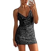 MIYIEONZ Women's Sequin Sparkly Glitter Dress Sexy Sleeveless Backless Spaghetti Strap Party Club Bodycon Mini Dress