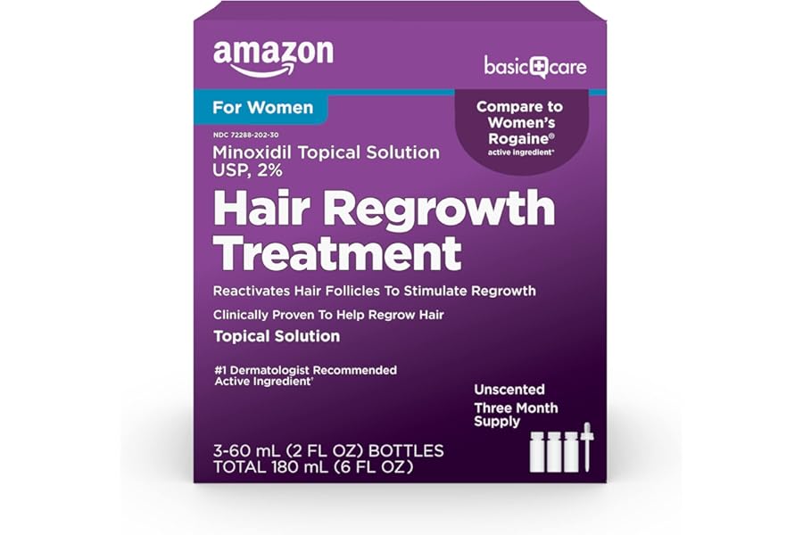 Amazon Basic Care Minoxidil Topical Solution USP, 2% Hair Regrowth Treatment for Women, 3-Month Supply, Unscented, 2 fl oz (Pack of 3)