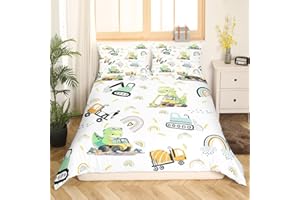 Castle Fairy Dinosaur Cars Toddler Duvet Cover Full,Cartoon Equipment Trucks Watercolor Rainbow Bedding Set (Not Comforter),Jungle Kawaii Dinosaur Construction Vehicle Comforter Cover Bedding 3 Piece
