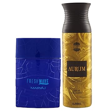 Maryaj Fresh Wave Eau De Parfum Citrus Woody Perfume 100ml for Men and Ajmal Aurum Femme Deodorant Fruity Floral Fragrance 200ml for Women + 2 Parfum Testers FREE