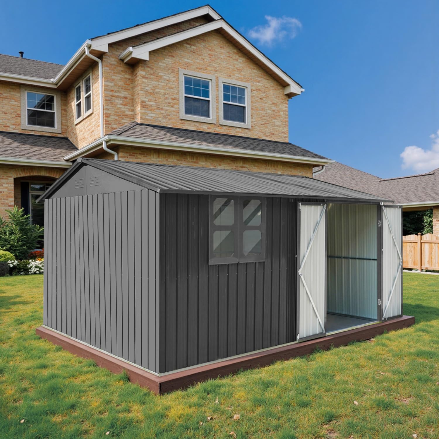 Photo 1 of 10' x 8' Large Outdoor Storage Shed, Sturdy Metal Building w/Windows & Lockable Doors for Garden, Backyard, Poolside and Lawn, Grey***MISSING BOXES***