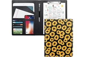 WAVEYU Portfolio Case for Women, Cute Padfolio Cover Folder, Conference/Resume/Legal Document Organizer with Letter/A4 Size Clipboard Hardboard, Business Card Holders, Document Sleeve, Sunflower