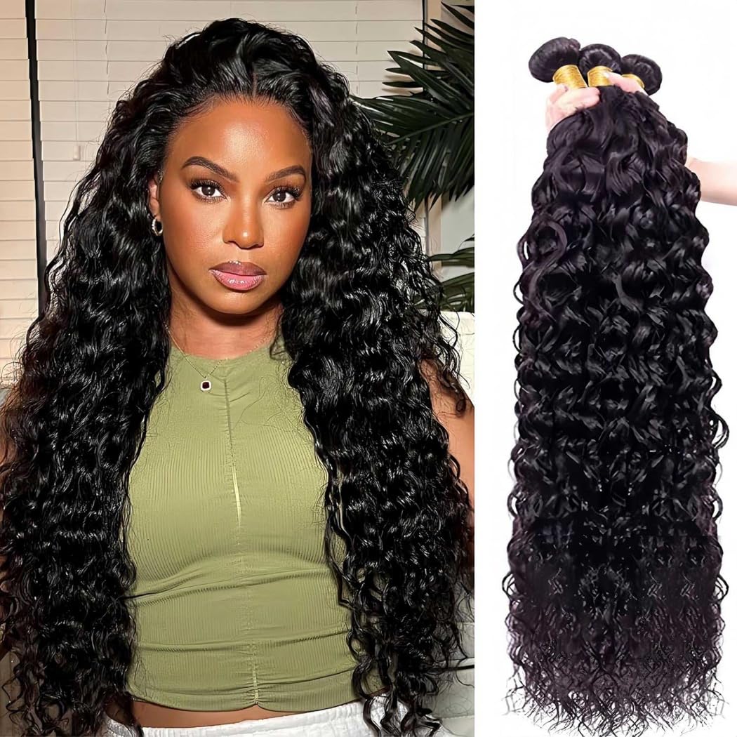 Photo 1 of Human Hair Bundles 20 22 24 Inch Water Wave Bundles Human Hair 100% Unprocessed Brazilian Virgin Hair Double Weft Triple Lifespan Curly Bundles Human Hair Quick Weave Natural Color
