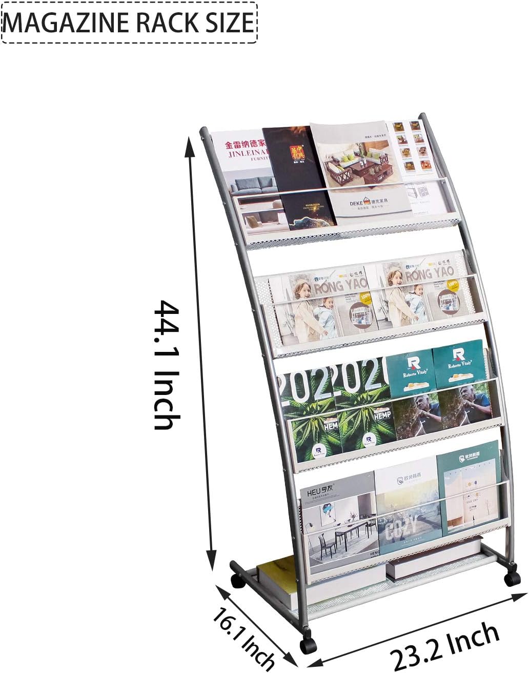 GBOLE Floor-Standing Magazine Rack, Brochure Display Stand with 4 Pockets for Trade Show Exhibitions Office Retail Store with casters Easy to Move Great Quality Easy to Assemble 44.1" H (Silver) : Office Products