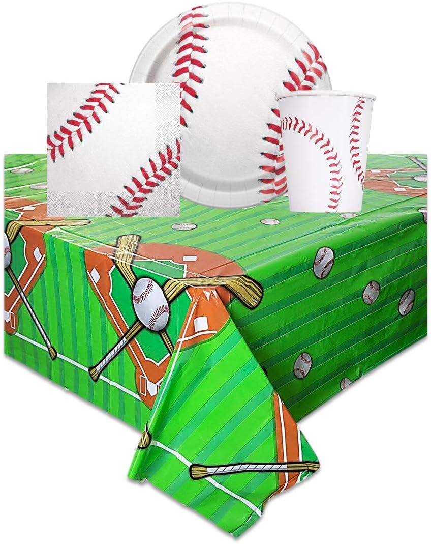 Baseball Themed Birthday Party Supplies - Includes One Tablecloth, 16 Party Napkins, 16 Party Plates, 16 Cups