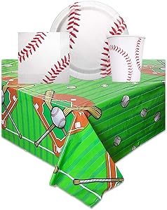 Baseball Themed Birthday Party Supplies - Includes One Tablecloth, 16 Party Napkins, 16 Party Plates, 16 Cups