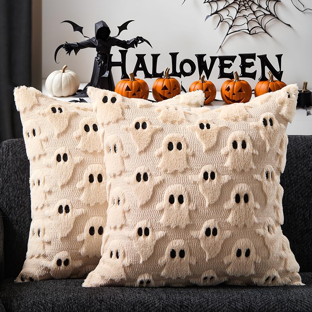 Photo 1 of DFXSZ Halloween Pillow Covers 20x20 inch Set of 2 Beige Ghost Throw Pillow Cases Soft Plush Faux Fur Wool Couch Cushion Case for Chair Sofa Bedroom Living Room Home Decor PTK03D20