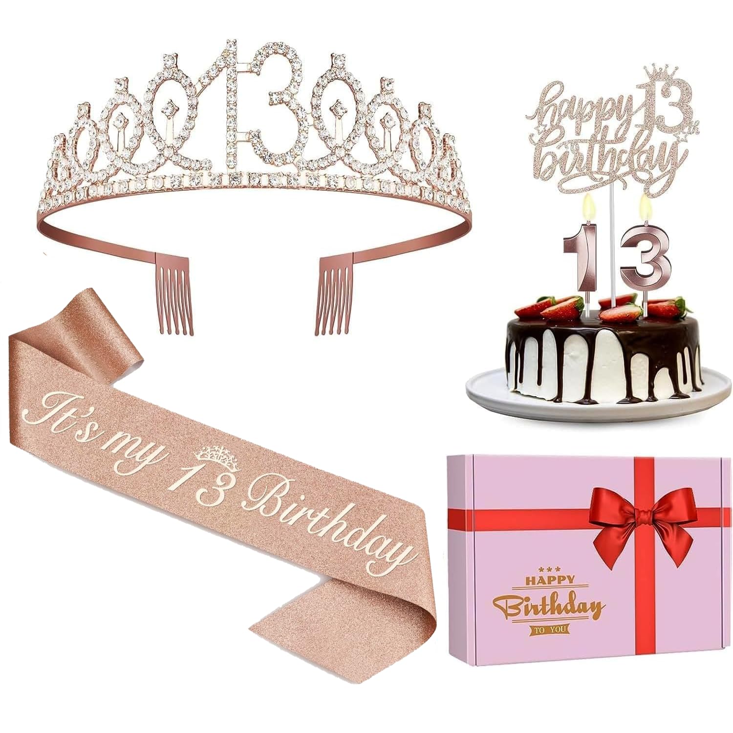 Photo 1 of 13th Birthday Decorations for Girls, Including Sash, Crown/Tiara, Candles and Cake Topper, Rose Gold Teen Girl Gifts for 13 Year Old Birthday Decorations
