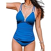 CUPSHE Women's Tankini Set Two Piece Bathing Suit Tummy Control Crisscross Back Tie Mid Rise Shell Stitched