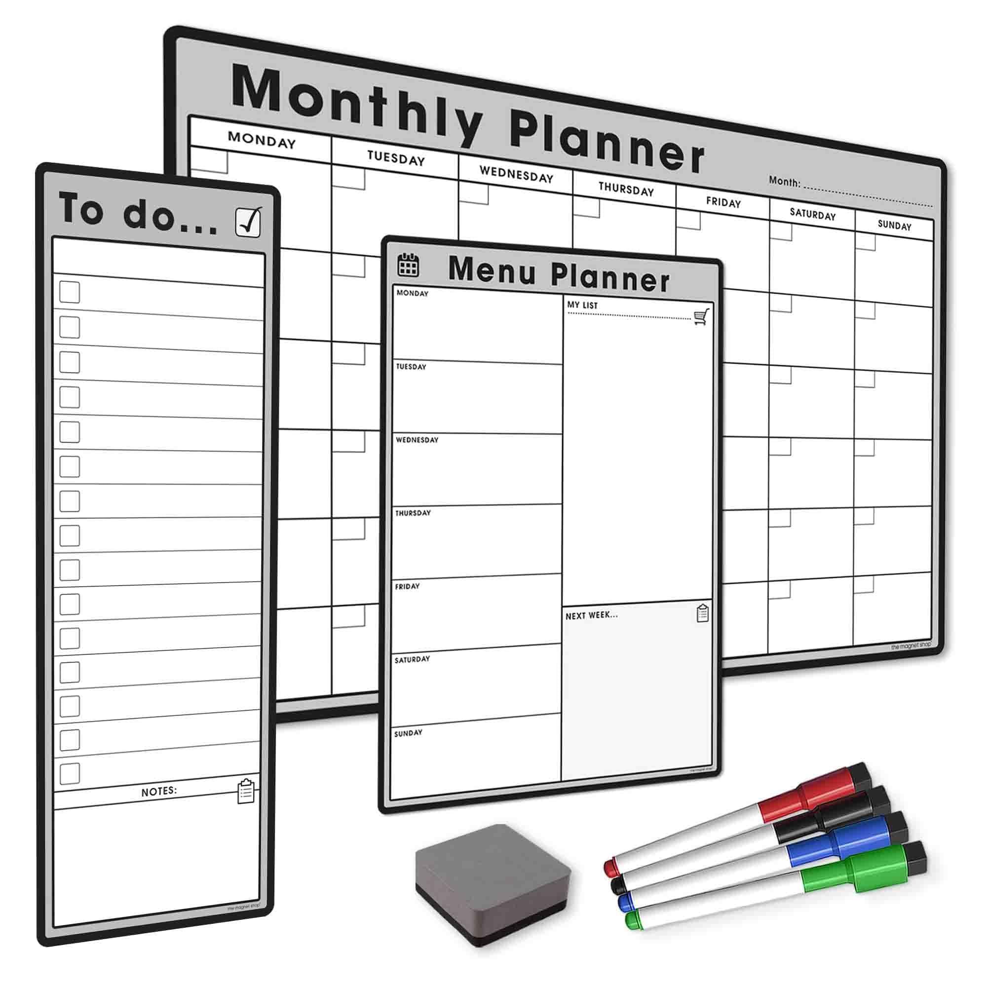 The Magnet Shop #1 Magnetic Whiteboard Planner Pack/Custom Dry Erase Set - Weekly Planner, My List, Monthly Calendar, 4 Dry Wipe Marker Pens, Eraser (Grey, Bundle 2)
