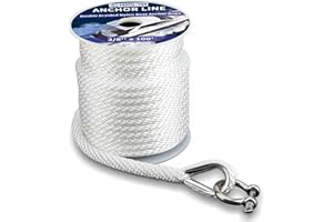 PropelTech Anchor Rope Braided Anchor Line(White, 3/8" x 100') Premium Solid Braid MFP Boat Rope with Stainless Steel Thimble & Shackle, Quality Marine Line, Boat Accessories