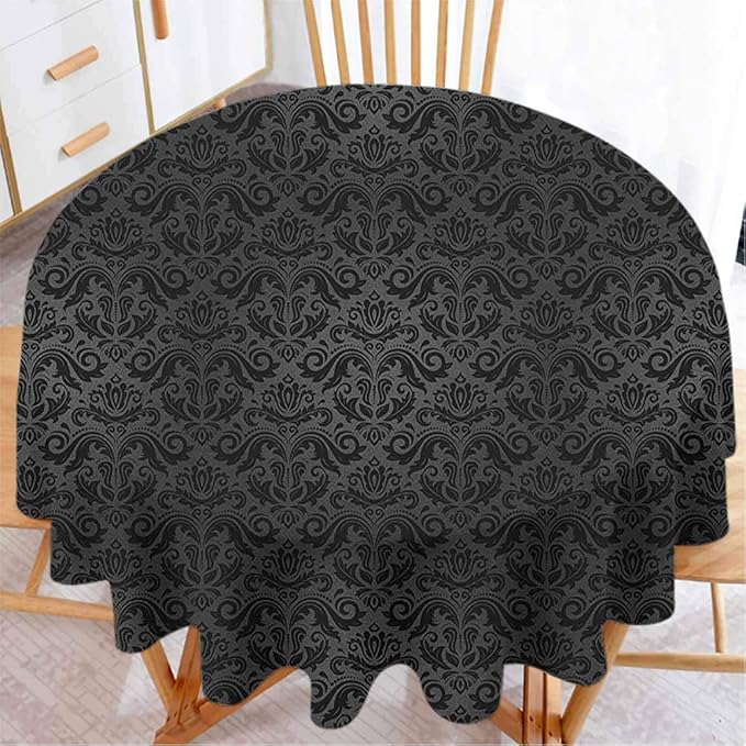 Mademai Dark Grey Stretch Tablecloth Black Damask Arabesque