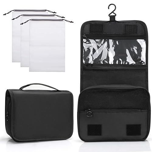 Zivacate Hanging Toiletry Bag, Waterproof Makeup Bag, Wash Bag with Handle Foldable Portable Cosmetic Storage Bag with 3 Drawstring Organiser Bag for Travel Business Fitness Camping Outdoor -Black