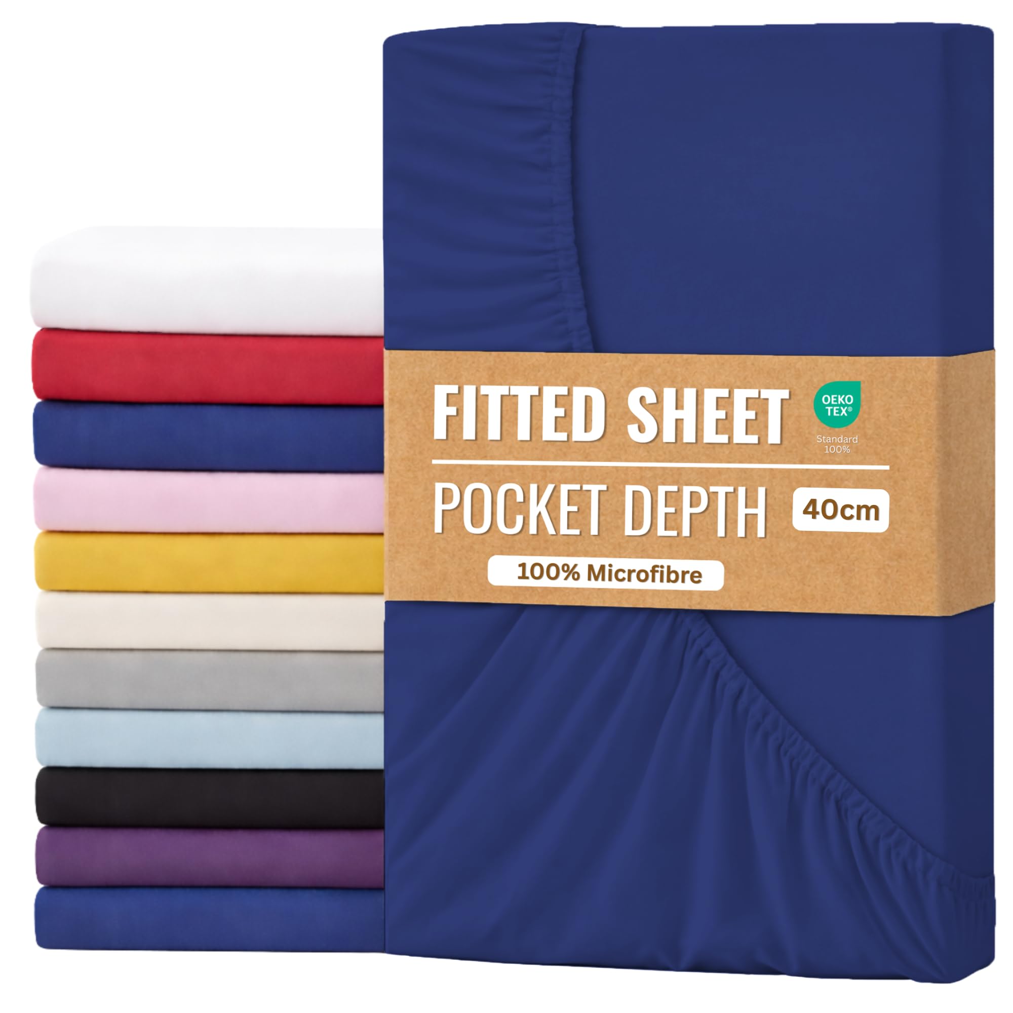 Fitted Sheet 40cm with Extra Deep Pockets - OEKO-TEX Certified Bed Sheet Super King Size 180X200CM | Hotel Quality & Wrinkle Resistant | Brushed Microfibre Fitted Sheets (Navy Blue, Super King 40CM)