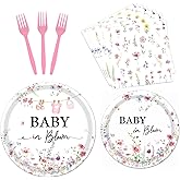 Rakuto Baby in Bloom Baby Shower Decorations Tableware Supplies, Wildflower Baby Shower Party Plates and Napkins Set, Disposable Paper Flower Dinnerware for Girls Serves 24