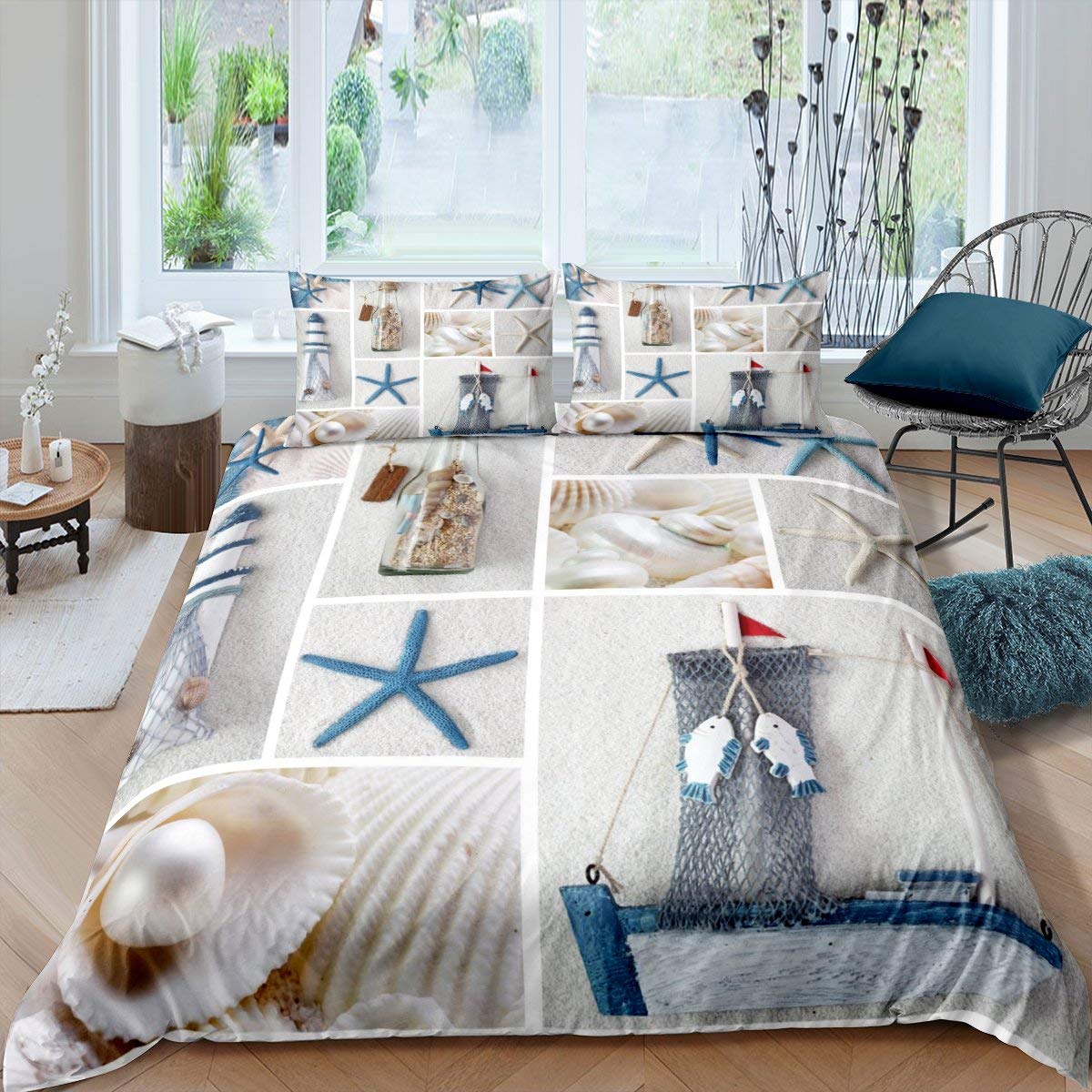 Nautical Bedding Set Beach Theme Comforter Cover King Size Marine Sail Boat Duvet Cover For Kids Boys Girls Teens Lighthouse Pearl Bedspread Cover For Living Room Decor — image 1