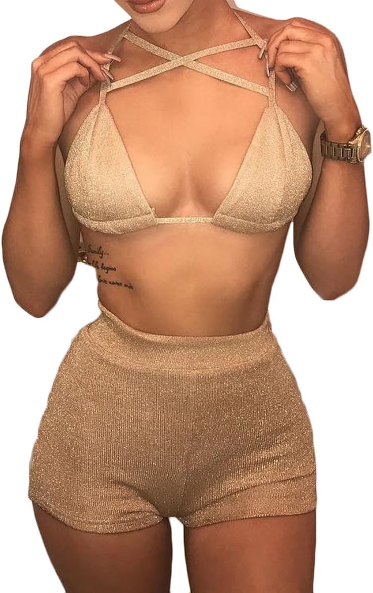 Sunfury Women Glitter Romper Lace Up Criss Cross 2 Piece Outfits Shorts Jumpsuit