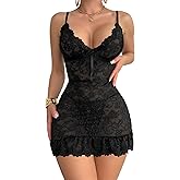 Foxiny Sexy Sheer Mini Bodycon Babydoll Lace Lingerie Set Sleep Dress with Thong 2 Piece Outfits