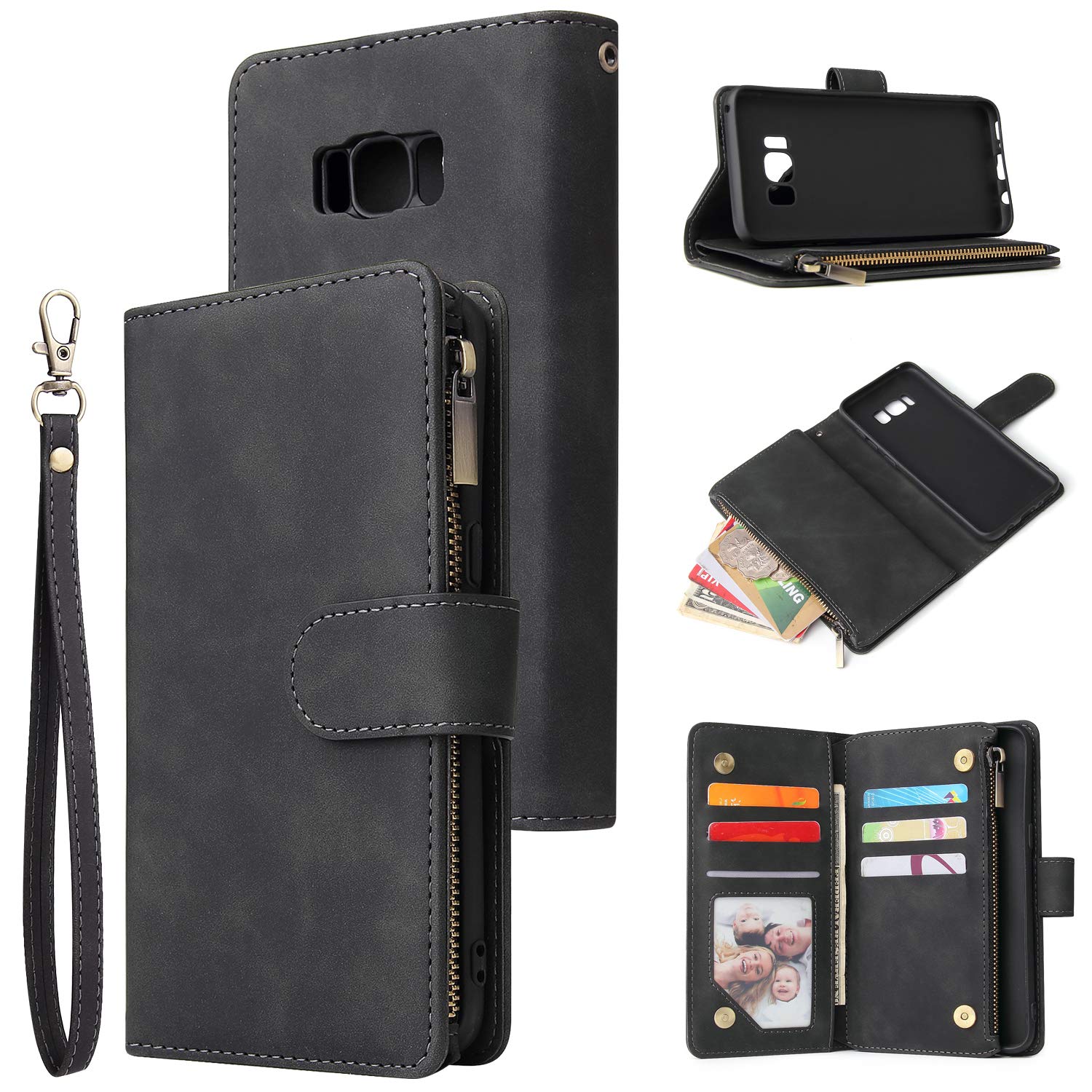UEEBAI Wallet Case for Samsung Galaxy S8, Premium Vintage PU Leather Magnetic Closure Handbag Zipper Pocket Case Kickstand Card Holder Slots with Wrist Strap TPU Shockproof Flip Cover - Black