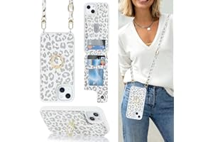 Lipvina for iPhone 14 Case with Card Holder and Strap for Women,Crossbody Lanyard,Ring Stand,Snap Clasp,Cute Phone Wallet Cases 6.1 inch(White Leopard)