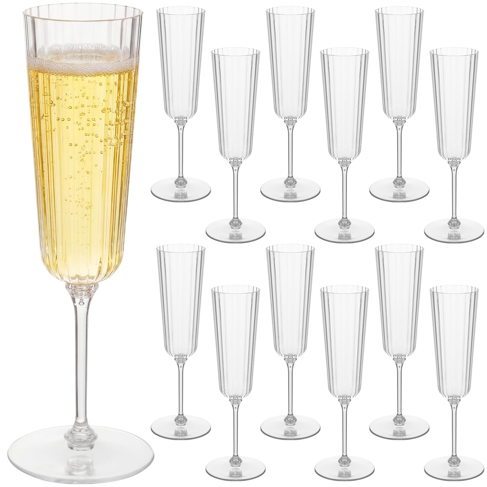 Photo 1 of Jingmore 12 Pcs Plastic Ribbed Champagne Flutes With Stem, 6.4 oz Clear Vintage Disposable Champagne Glasses for Wedding Birthday Anniversary (Clear)