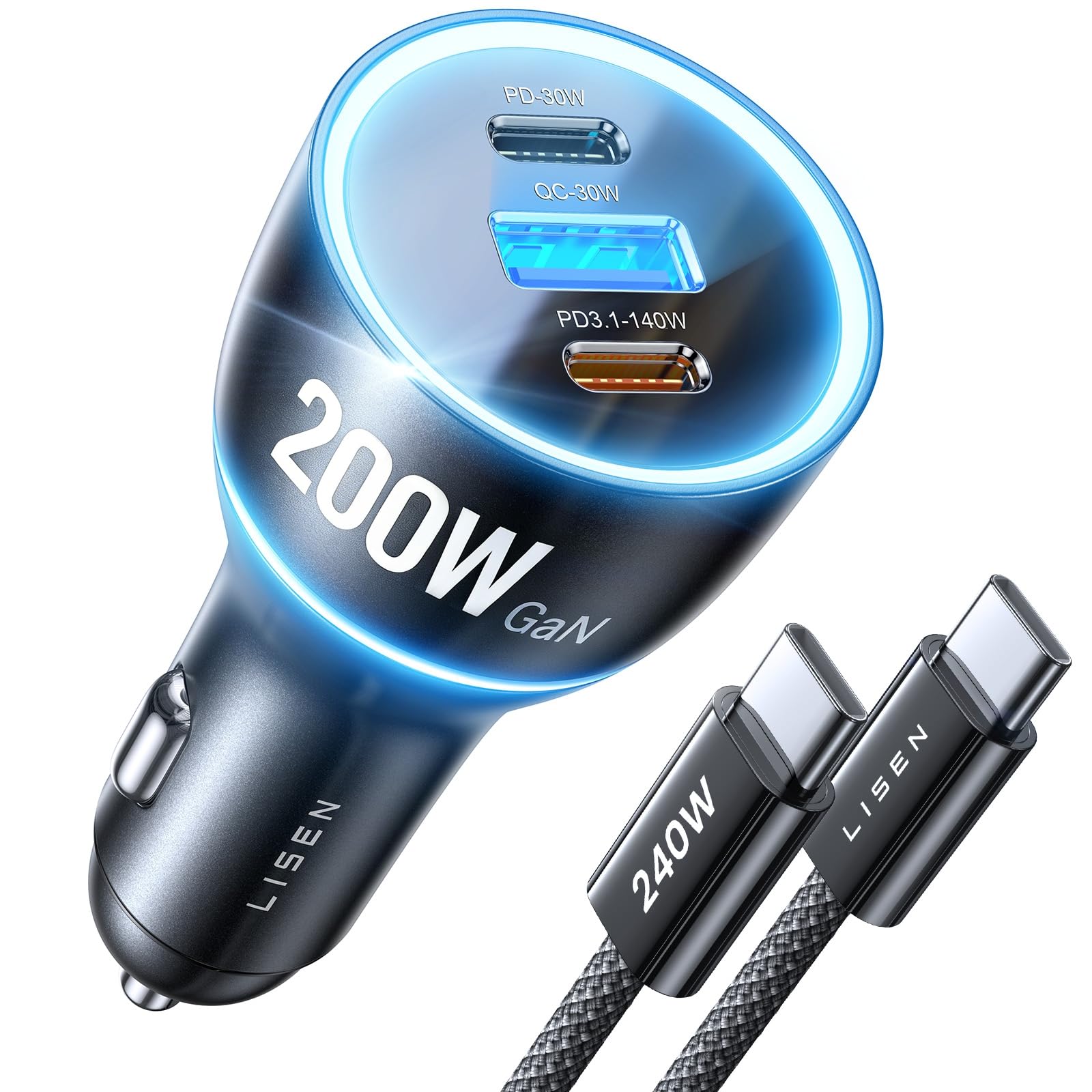 LISEN 200W Car Charger USB C Fast Charge [Gan] PD 140W Fast Car Charger USB C, 3 Port Type C Fast Charging for Multi Device, for iPhone 17 16 15 14 13 12, MacBook Neo Pro, Laptop, iPad, Samsung S26