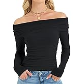 OULESIS Off The Shoulder Mesh Tops for Women 2025 Fall Long Sleeve Shirts Bodycon Y2k Blouses Ruched Tendy Going Out Outfits
