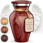 Small Keepsake Urn for Human Ashes – Cherry Wood Appearance Memorial – Handcrafted Mini Urn for Sharing – Recycled Cast Aluminum – Secure Lid - Velvet Bag & Funnel – Decorative Container