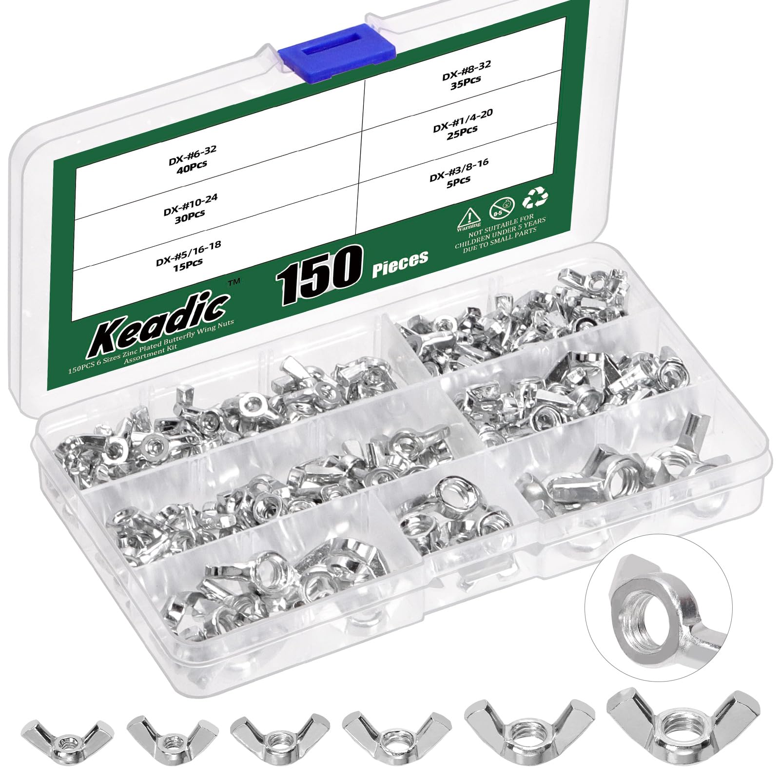 Keadic 150Pcs SAE Wing Nuts Assortment Set, 6-32, 8-32, 10-24, 1/4"-20, 5/16"-18, 3/8"-16 Carbon Steel Zinc Plated Butterfly Wing Nut Fasteners Wingnuts for Home Building Industry