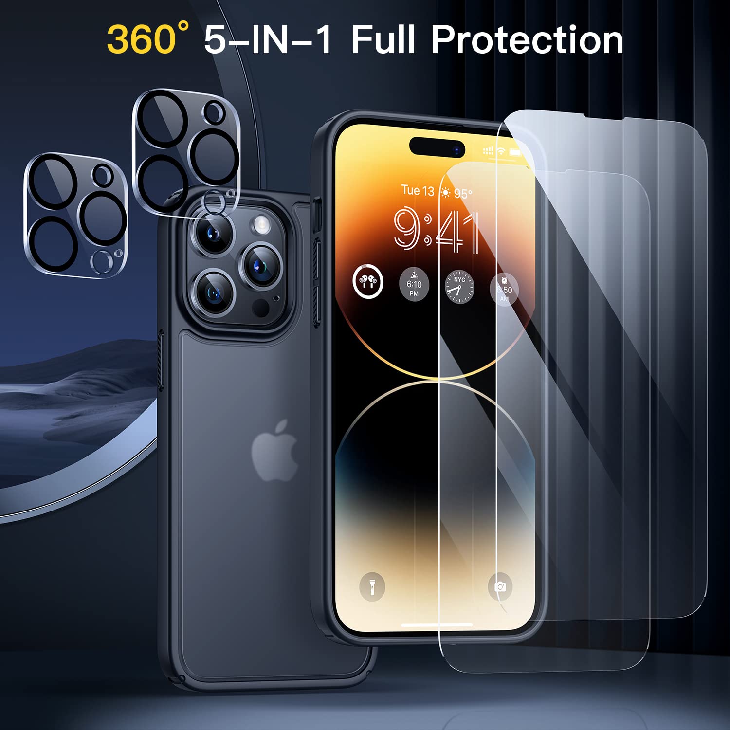 Humixx [5 in 1 Shockproof Designed for iPhone 14 Pro Max Phone Case, [2X Screen Protector + 2X Lens Protector] [Military Drop Protection] Slim Translucent Matte Case 6.7'' Black