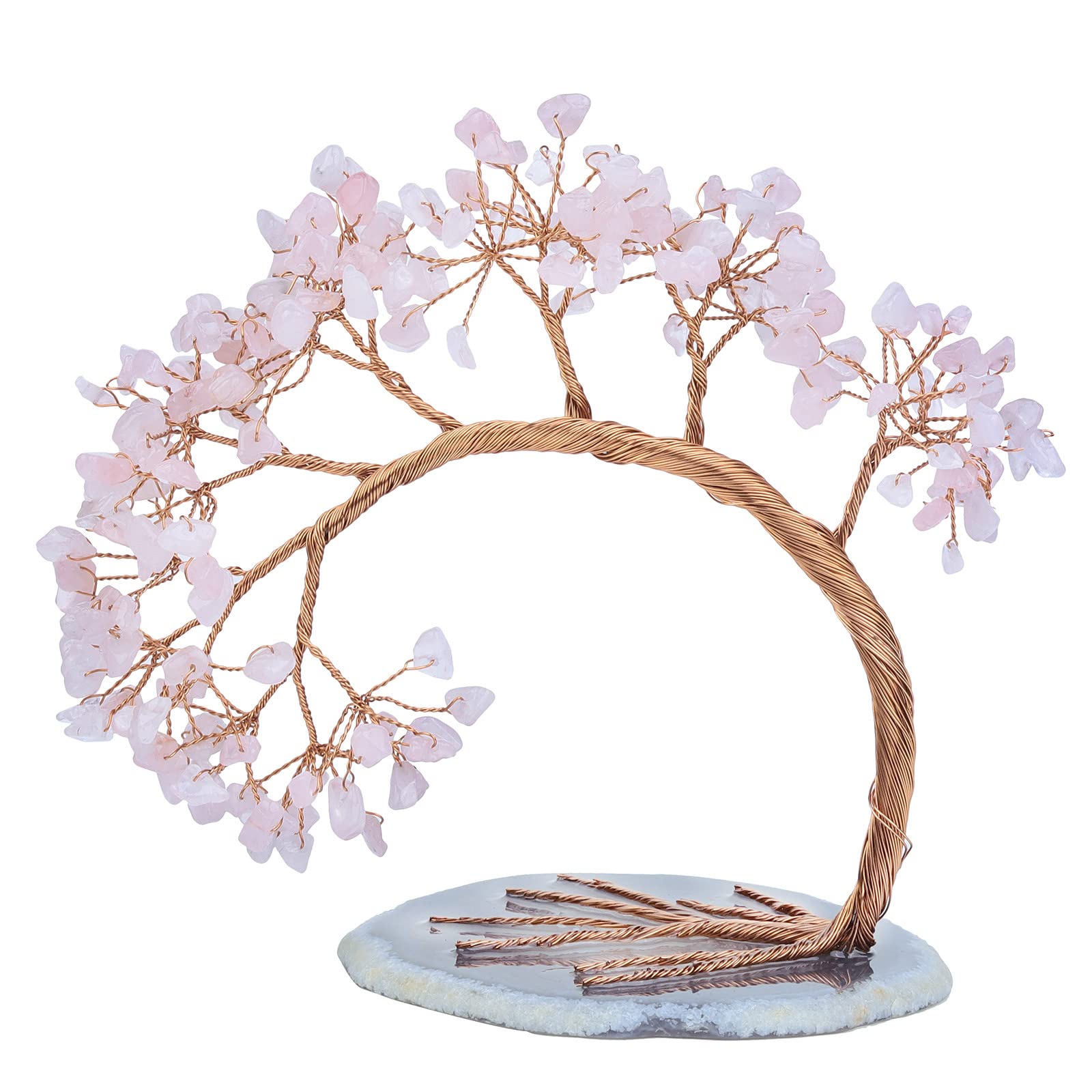 mookaitedecor Natural Rose Quartz Crystal Stone Money Tree with Agate Slice Base for Office Home Decor Wealth Luck, Semi Precious Healing Crystal Stone Feng Shui Tree Ornaments, Height 4.5-5.2"