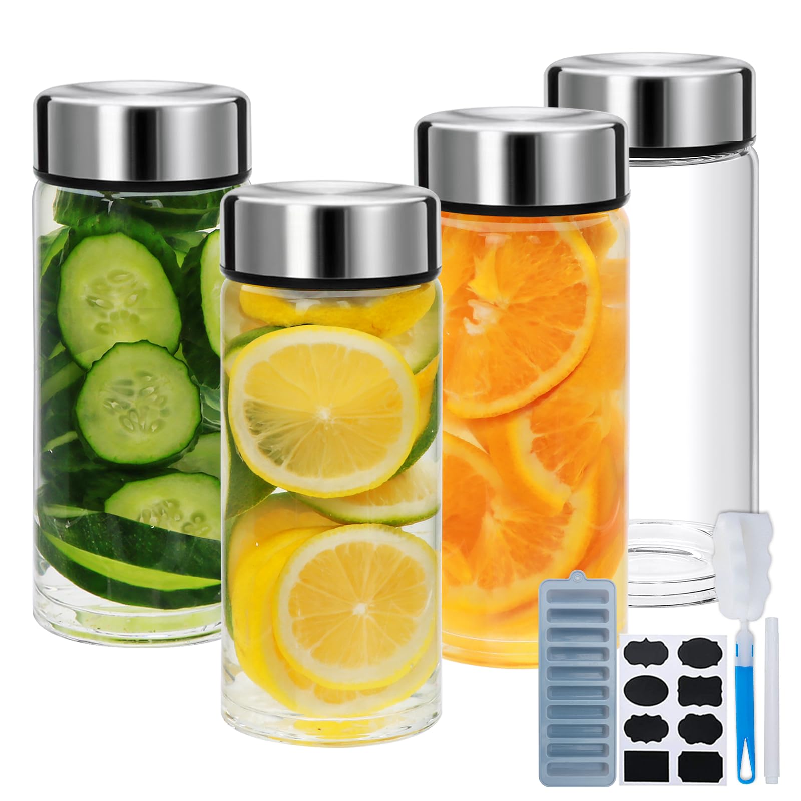 Photo 1 of 4 Pack Juice Bottles with Lids,12oz Wide Mouth Glass Bottles with Stainless Steel Cap,Reusable Glass Water Bottle for Juicing, Smoothies, Infused Water,Beverage Storage,BPA Free,Leakproof