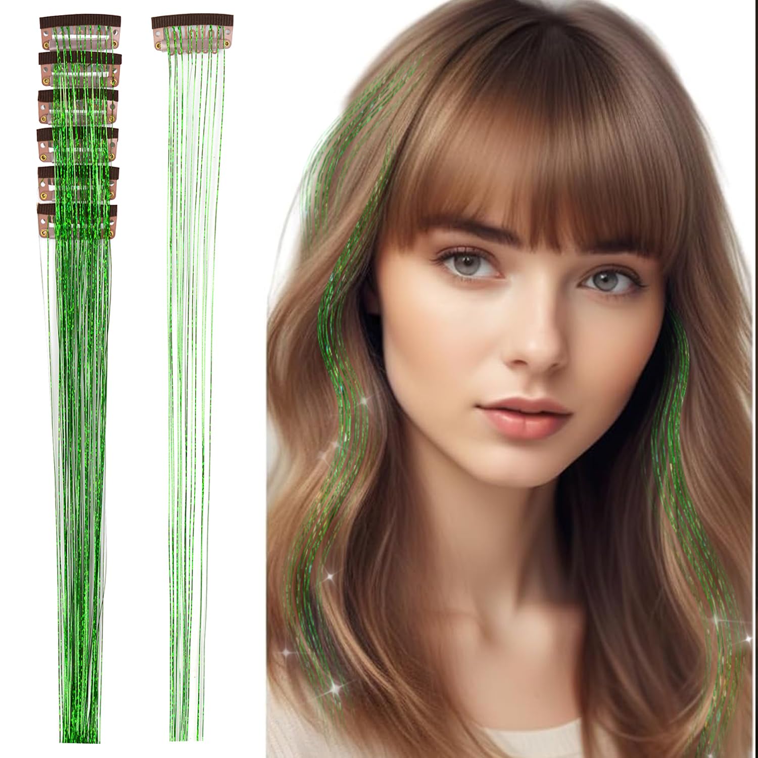 6 Pcs Clip in Hair Tinsel Kit 20.5 Inches Heat Resistant Glitter Tinsel Hair Extensions Fairy for Women Hair Styling Party Gift (Green) — image 1