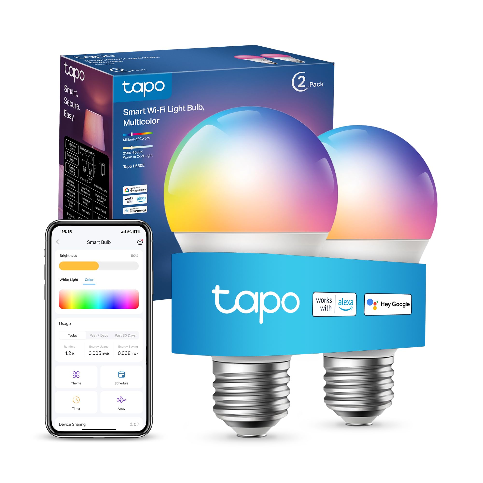 Tapo L530E (2-Pack) E27 Smart Bulb, Alexa Light Bulbs, LED Light Bulb, Extra Bright WiFi Smart Bulb, Colour Changing Light Bulb, Dimmable, 8.3W, Schedule & Timer, Remote Control Bulb, Energy Saving