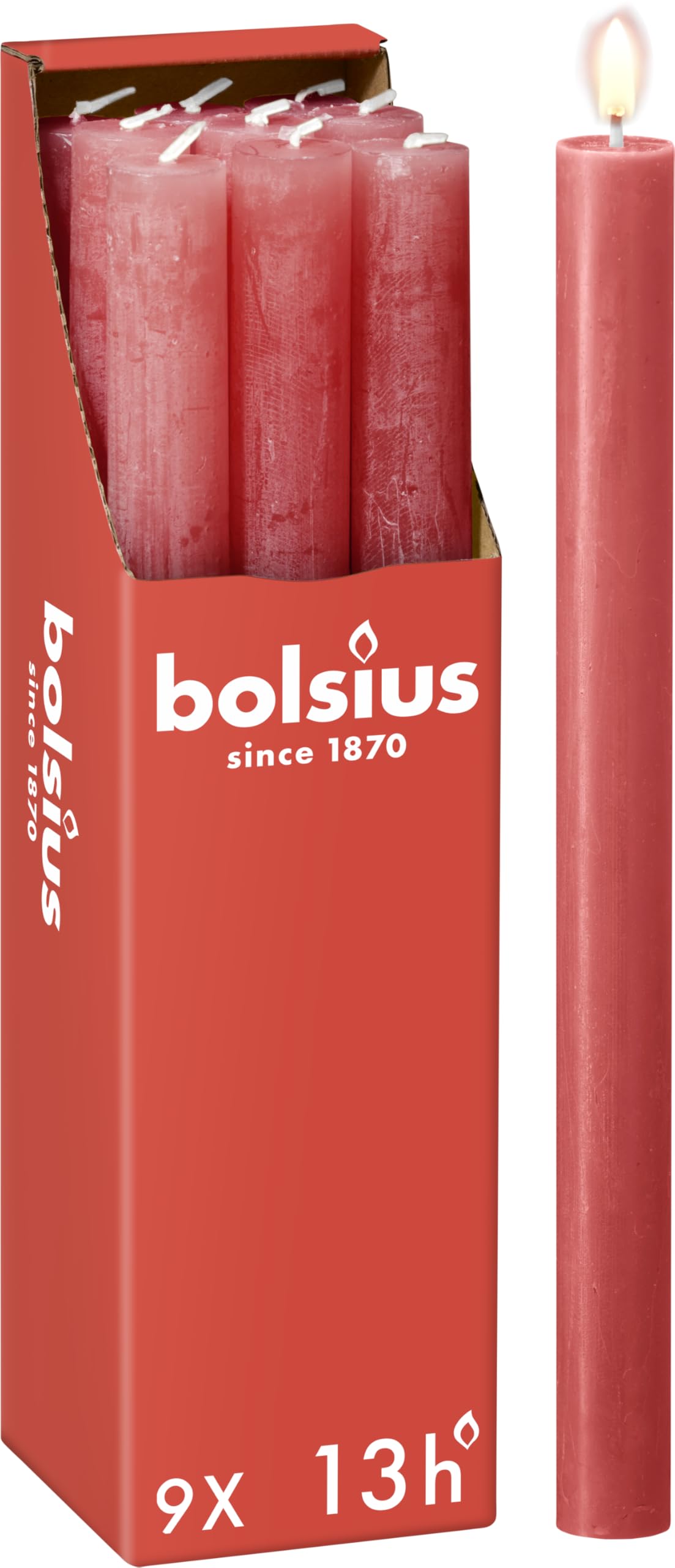 Bolsius Rustic Dinner Candles - Pink - Pack of 9 - Long Burning Time of 13 Hours - Household Candle - Interior Decoration - Unscented - Natural Vegan Wax - 27 x 2.3 cm