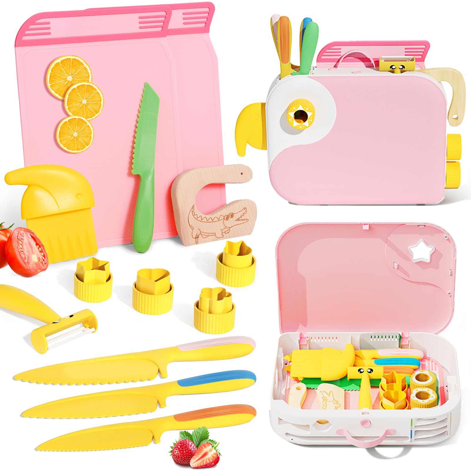 Photo 1 of Lullulii Montessori Kitchen Tools for Toddlers,Kids Knife for Real Cooking,Toddlers Knife Set with Storage Box Kids Safe Knives Children Cutting Set and Peeler,Montessori Toys for Kitchen Set -Pink