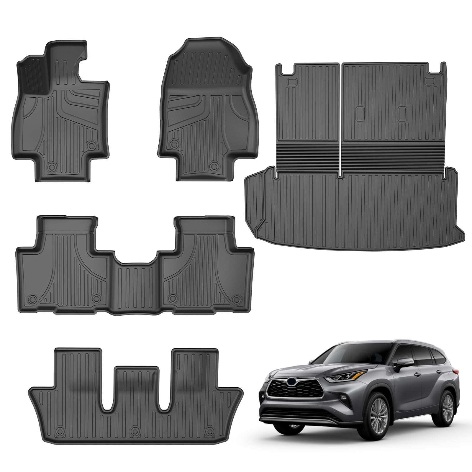 AOMSAZTO Floor Mats and Cargo Mat Compatible with 2024-2025 Toyota Grand Highlander (7 Seats Only): All Weather TPE Protection Full Set Grand Highlander Floor Liners (Not Fit Highlander) Image