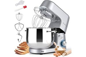8.5 QT Double Handle KUCCU Stand Mixer, 6 Speed with Pulse Electric Kitchen Mixer, 660W Tilt-Head Food Mixer with Dishwasher-Safe Dough Hook, Flat Beater, Whisk, Splash Guard for home baking (Silver)