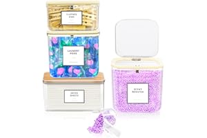 MUVEKA Laundry Pods Container for Laundry Room Organization, Laundry Pod Up Holder with Labels and Scoops, Laundry Detergent Powder Container, Dryer Sheet Holder