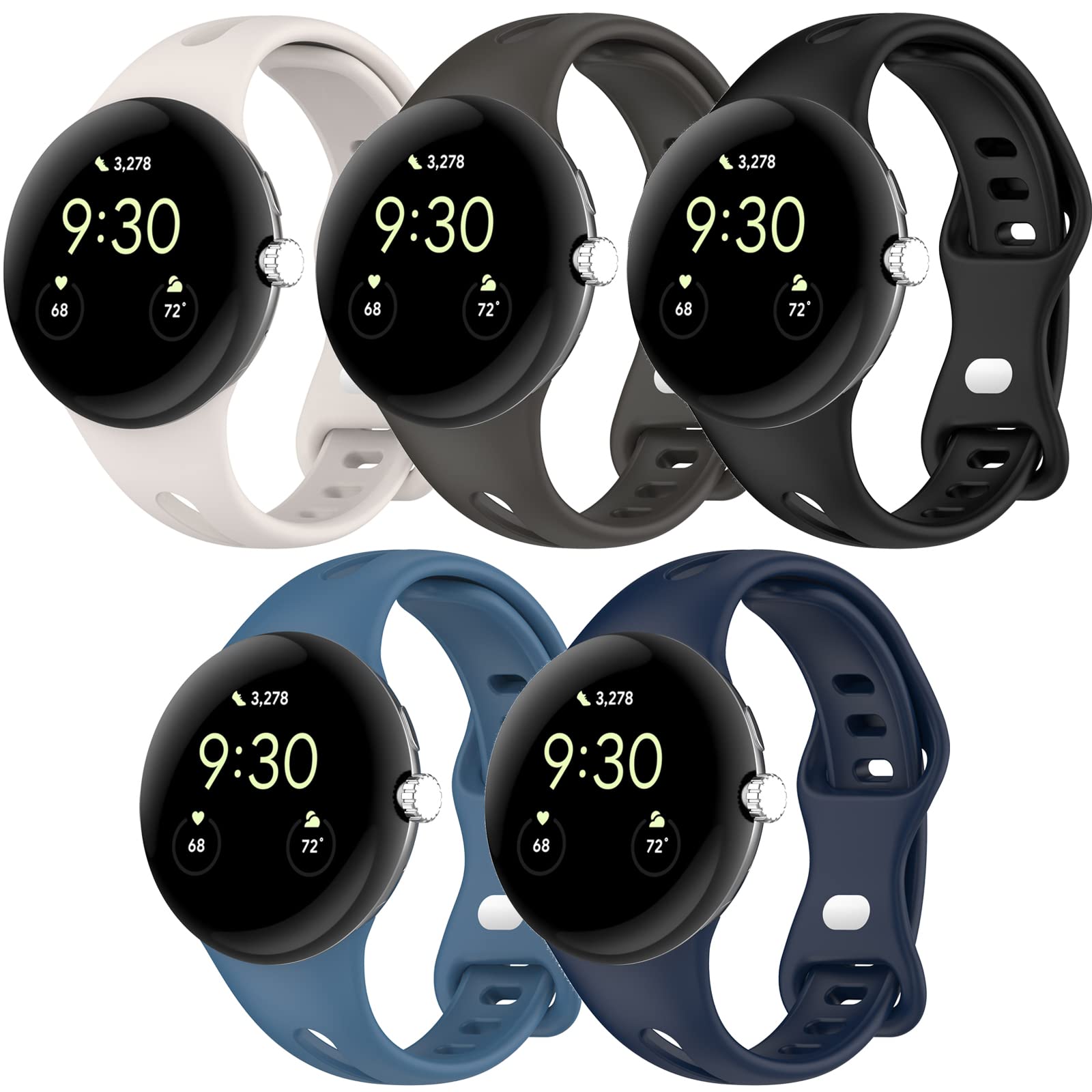 Miimall 5-Pack Silicone Strap for Google Pixel watch 3 41mm (not for 45mm)/Pixel Watch 2/1 Strap, Breathable Flexible Wristband, Lightweight Adjustable Replacement Band for Men Women-SDBBG