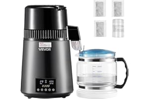 VEVOR 1750W Water Distiller, 0.4Gal/H Distilled Water Maker with Glass Carafe, 4L/1.1Gal Countertop Distiller Machine, 0-99H Time Temp Dual Display, Anti-Dry Design 304 Stainless Steel Still, Grey